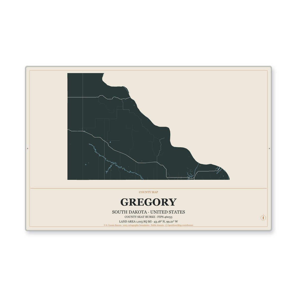 Gregory County, South Dakota Map Aluminum Sign in Headline Atlas style