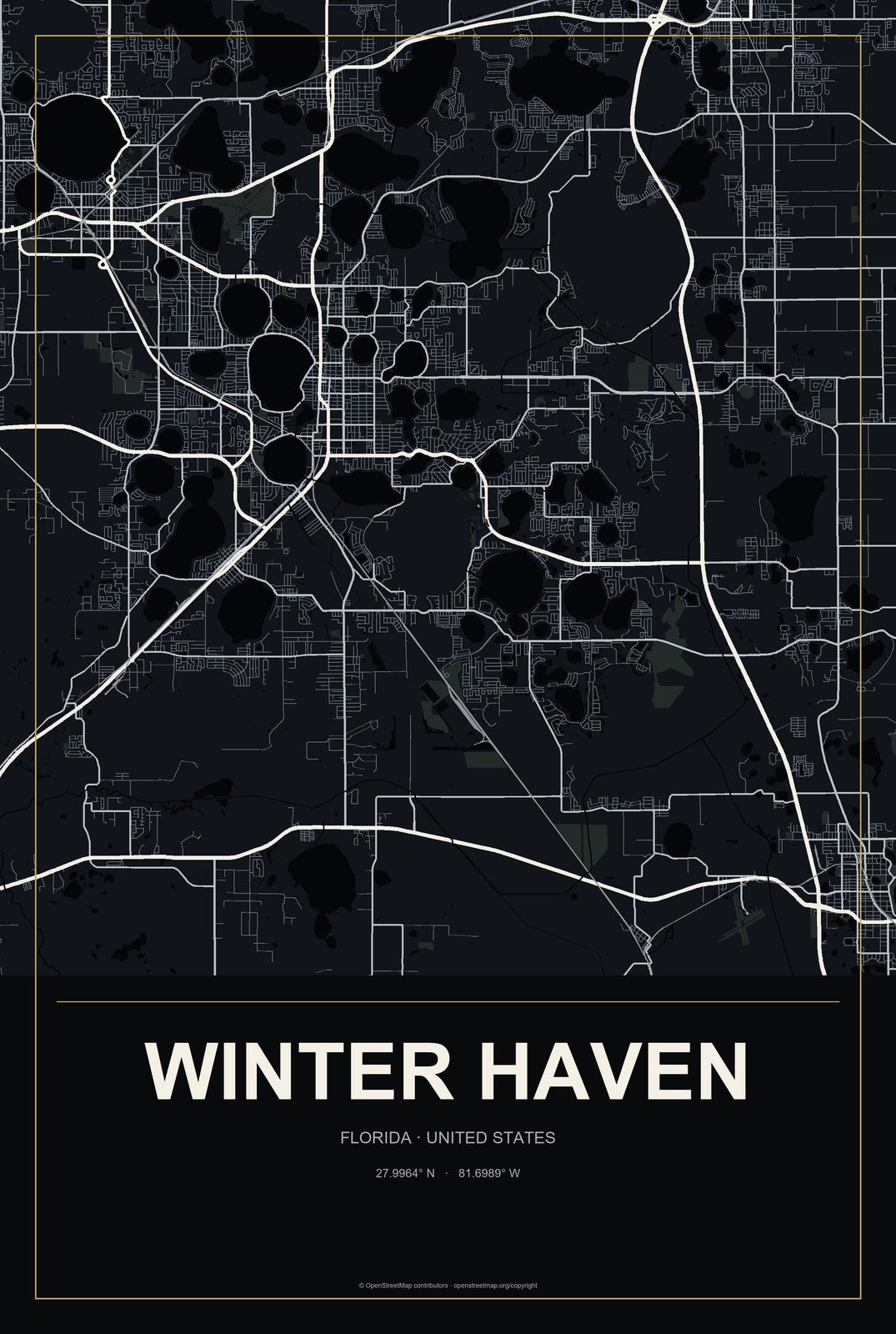 Winter Haven, Florida City Map Aluminum Sign in Metropolitan Noir style