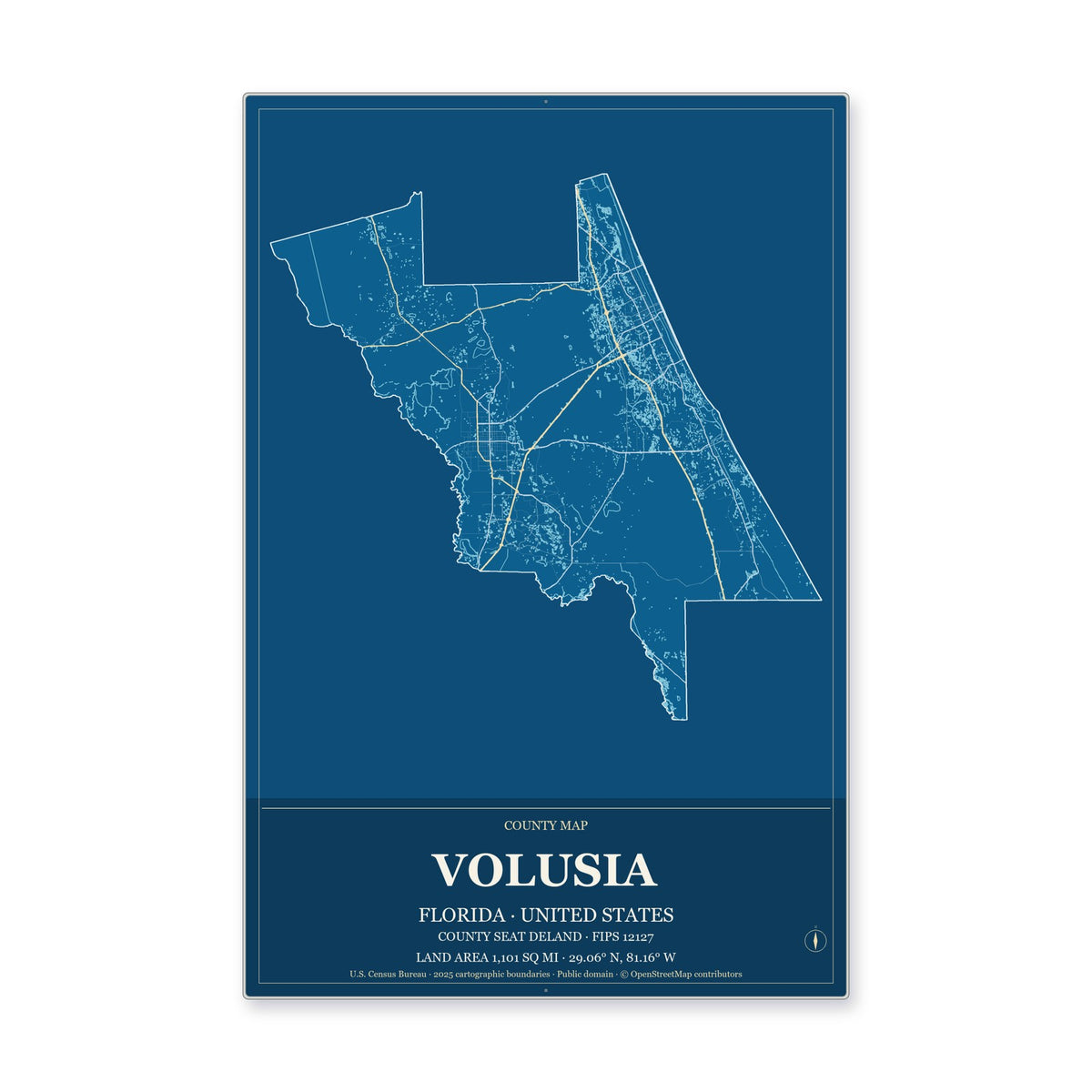 Volusia County, Florida Map Aluminum Sign in Harbor Cobalt style