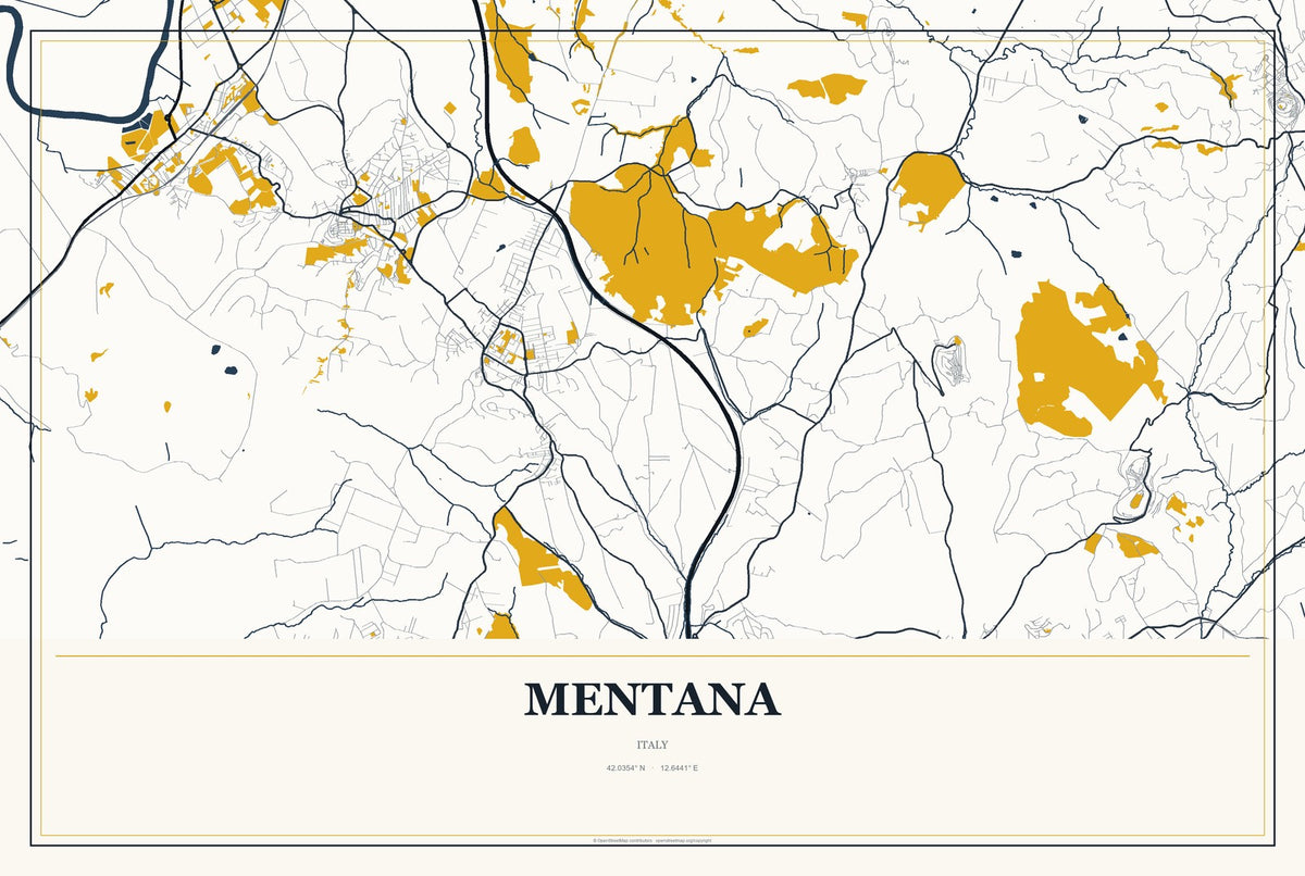 Mentana, Italy City Map Aluminum Sign in Citrine Modern style