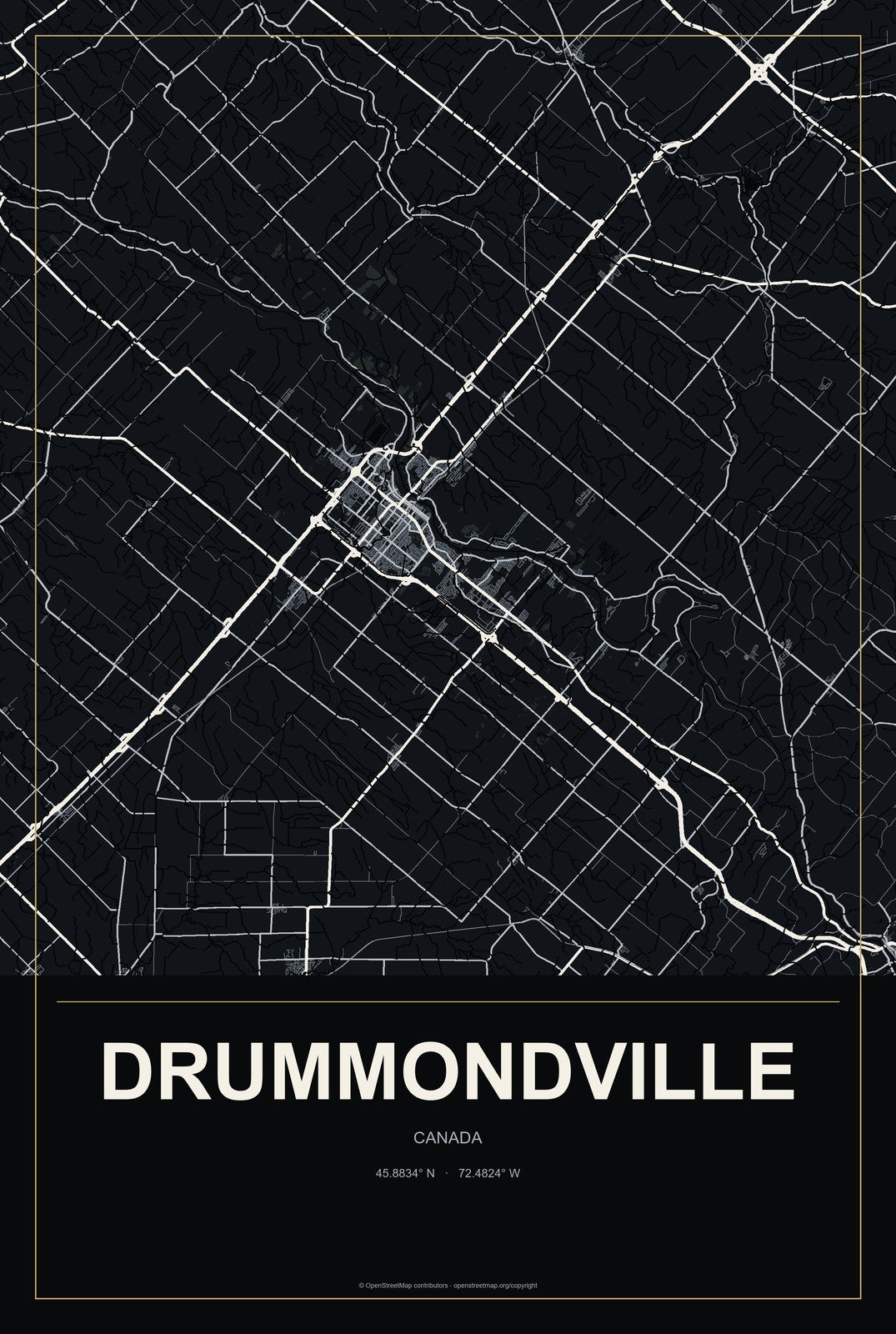Drummondville, Canada City Map Aluminum Sign in Metropolitan Noir style
