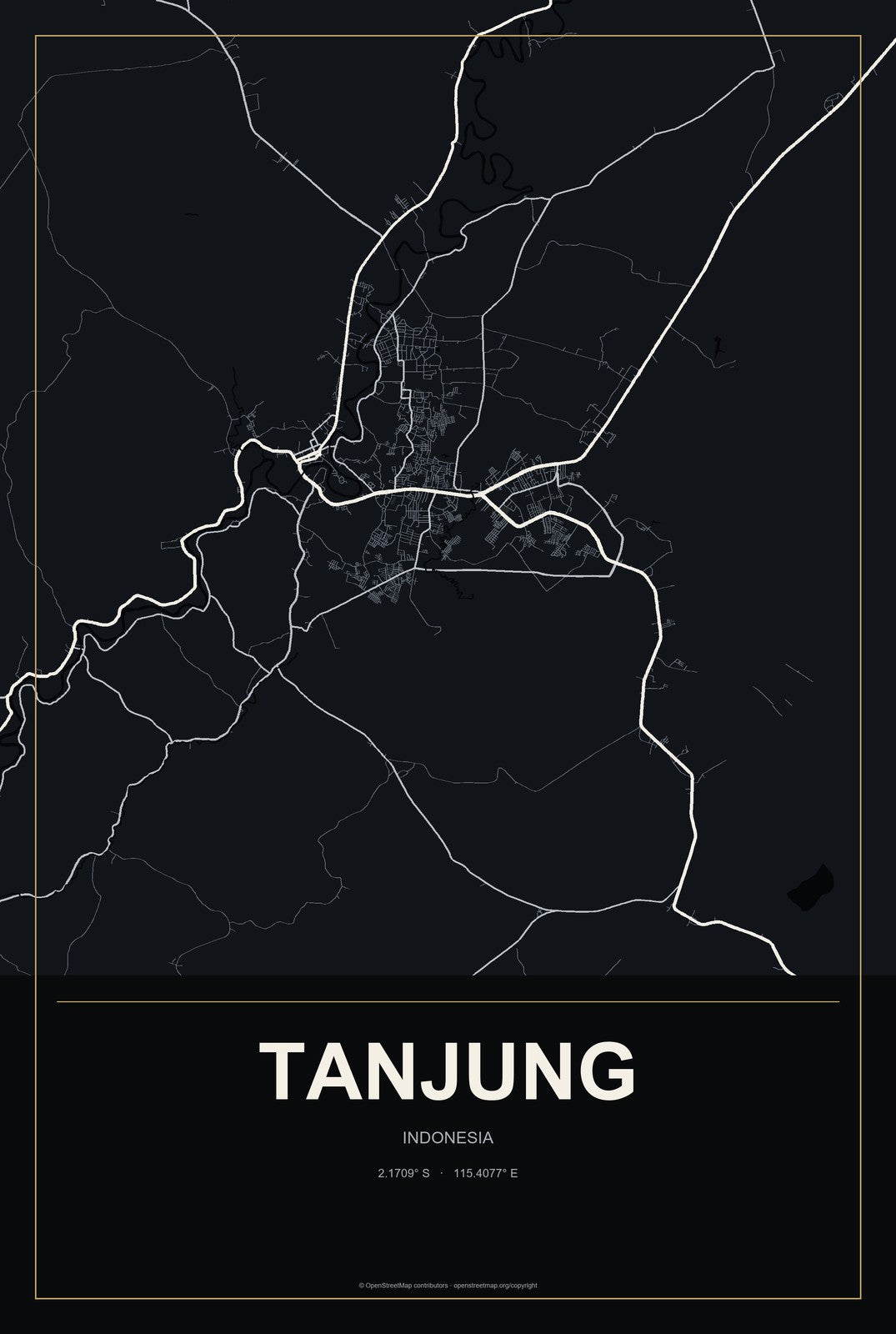 Tanjung, Indonesia City Map Aluminum Sign in Metropolitan Noir style