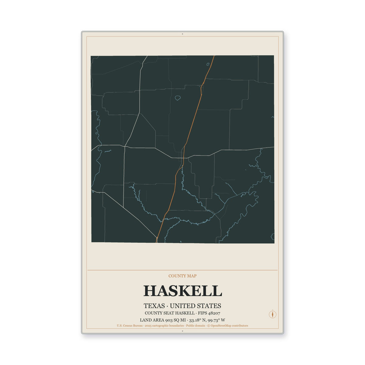Haskell County, Texas Map Aluminum Sign in Headline Atlas style