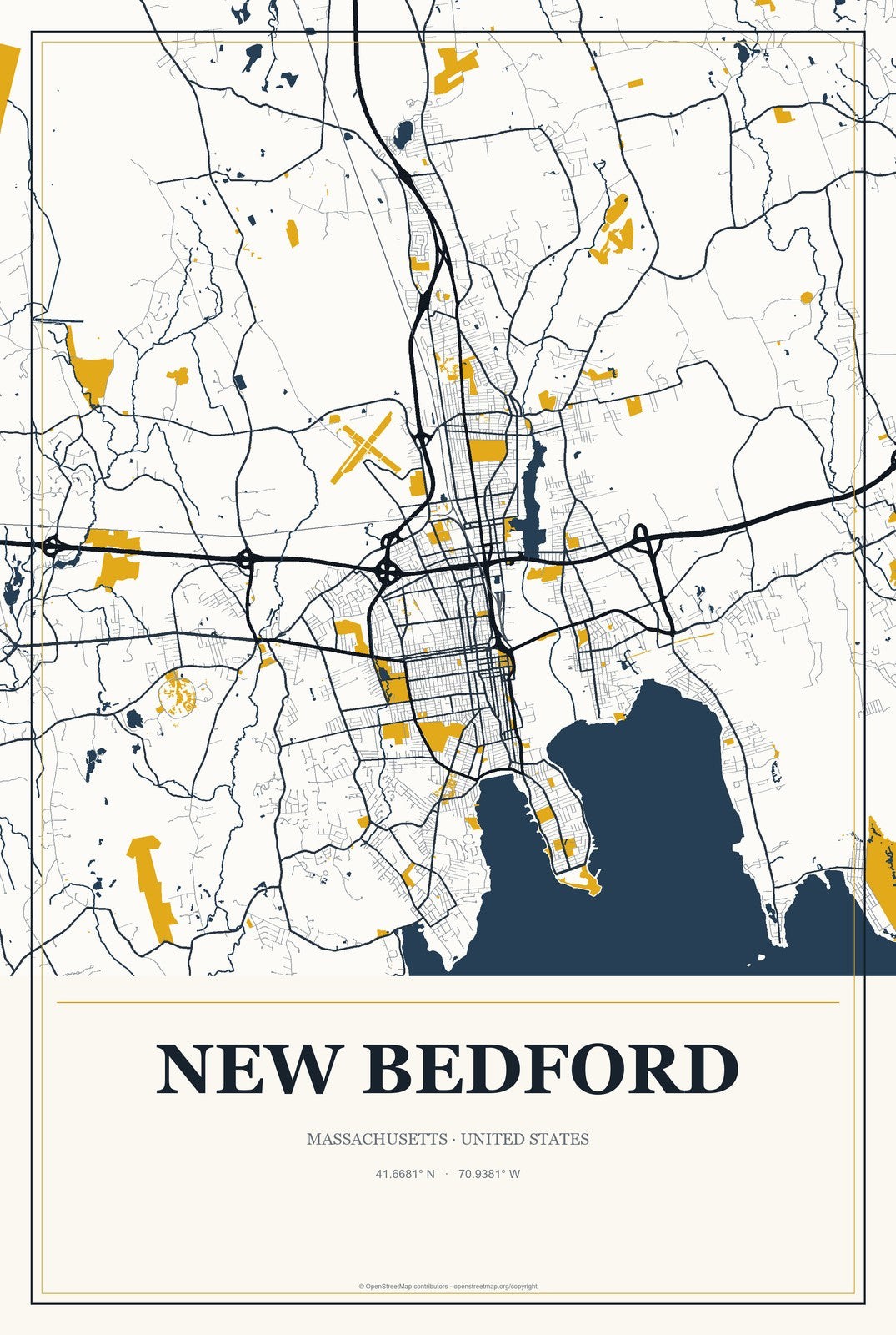 New Bedford, Massachusetts City Map Aluminum Sign in Citrine Modern style