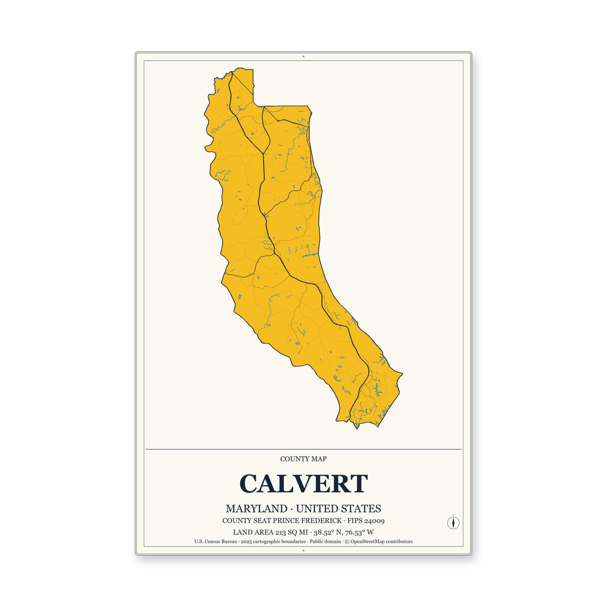 Calvert County, Maryland Map Aluminum Sign in Citrine Modern style