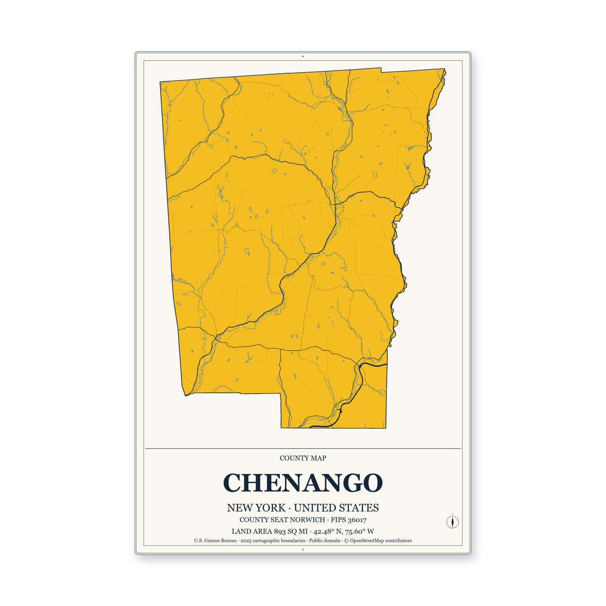 Chenango County, New York Map Aluminum Sign in Citrine Modern style