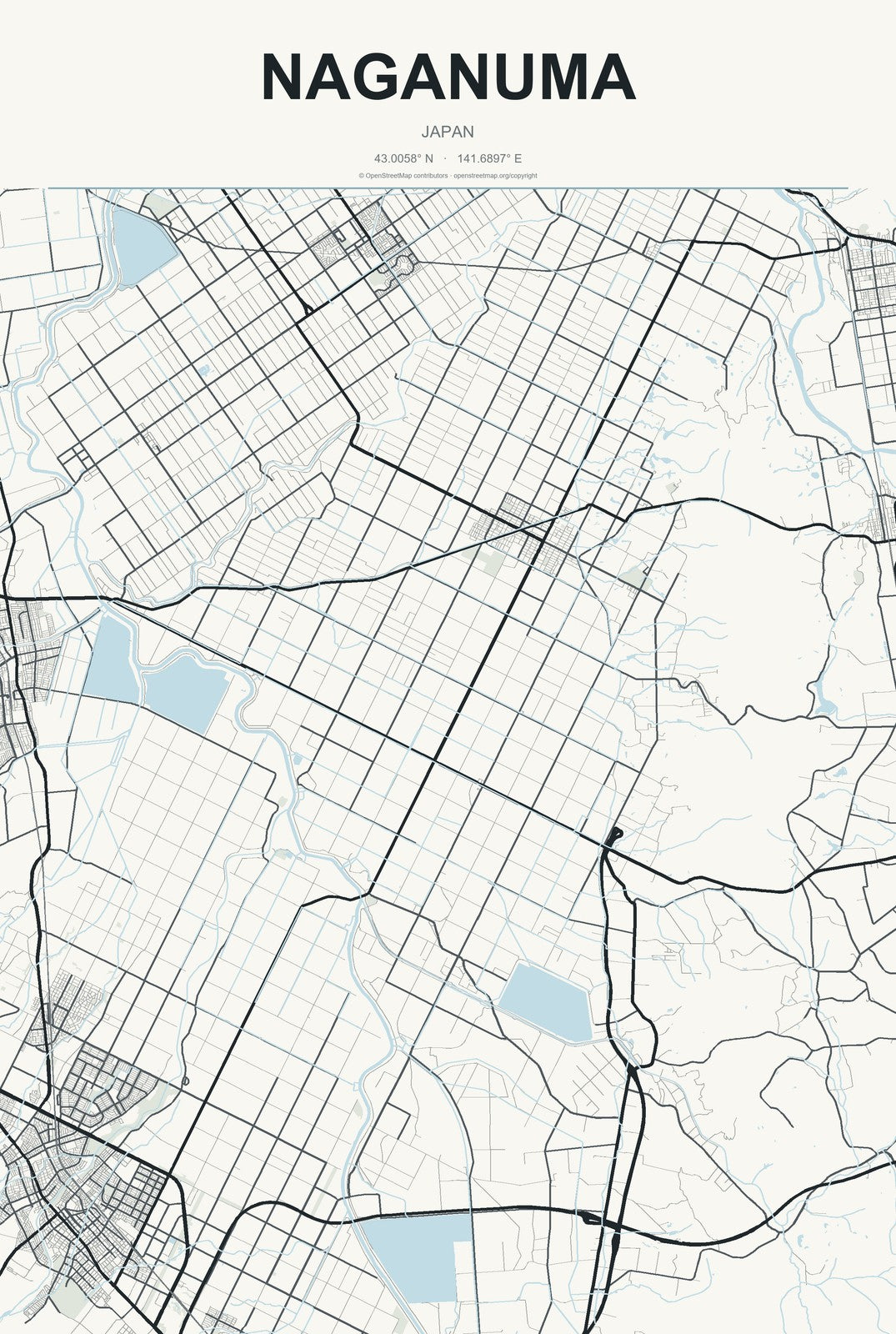 Naganuma, Japan City Map Aluminum Sign in Headline Atlas style
