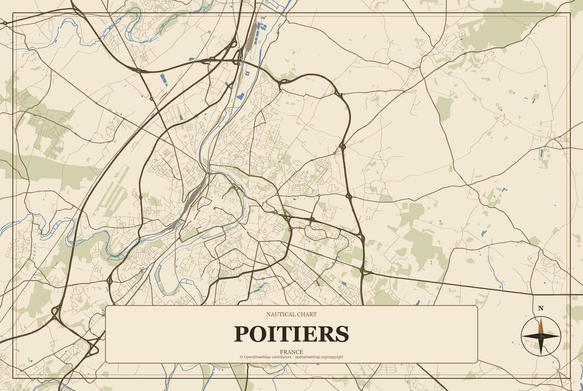 Poitiers, France City Map Aluminum Sign in Heritage Nautical style