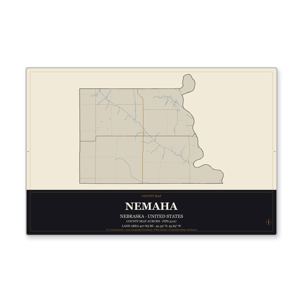 Nemaha County, Nebraska Map Aluminum Sign in Museum Plaque style