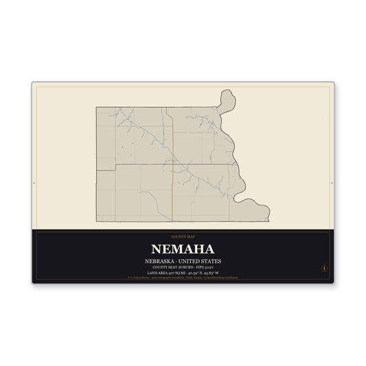 Nemaha County, Nebraska Map Aluminum Sign in Museum Plaque style