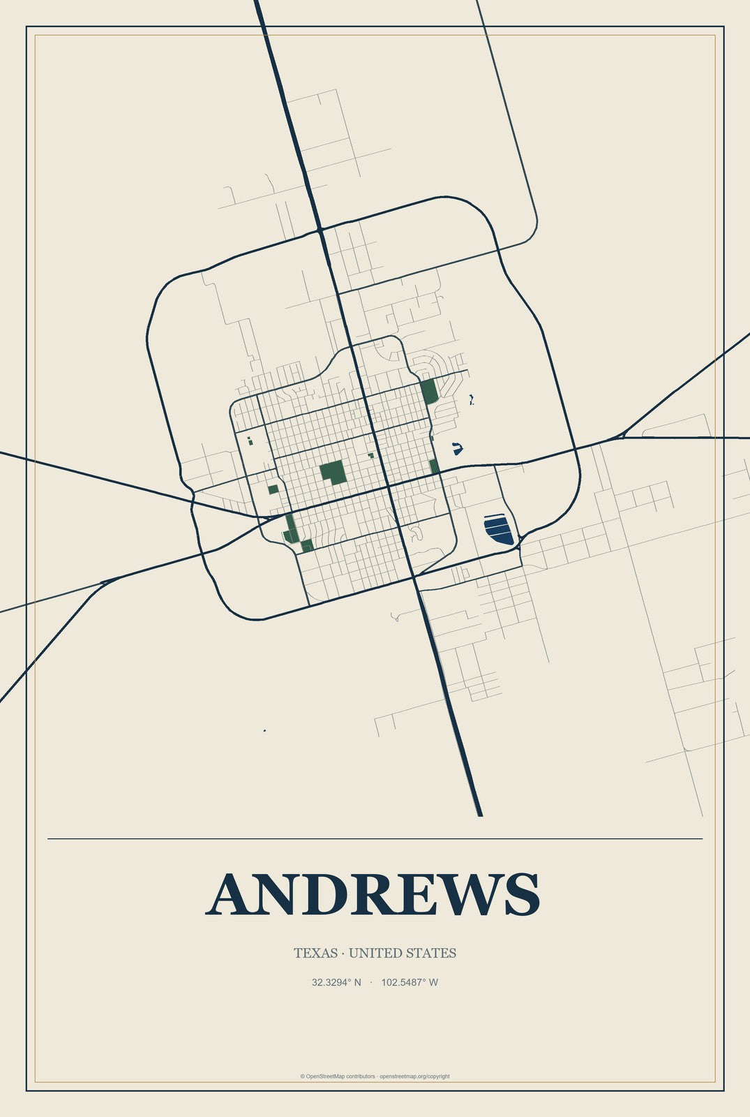 Andrews, Texas City Map Aluminum Sign in Coastal Cutout style