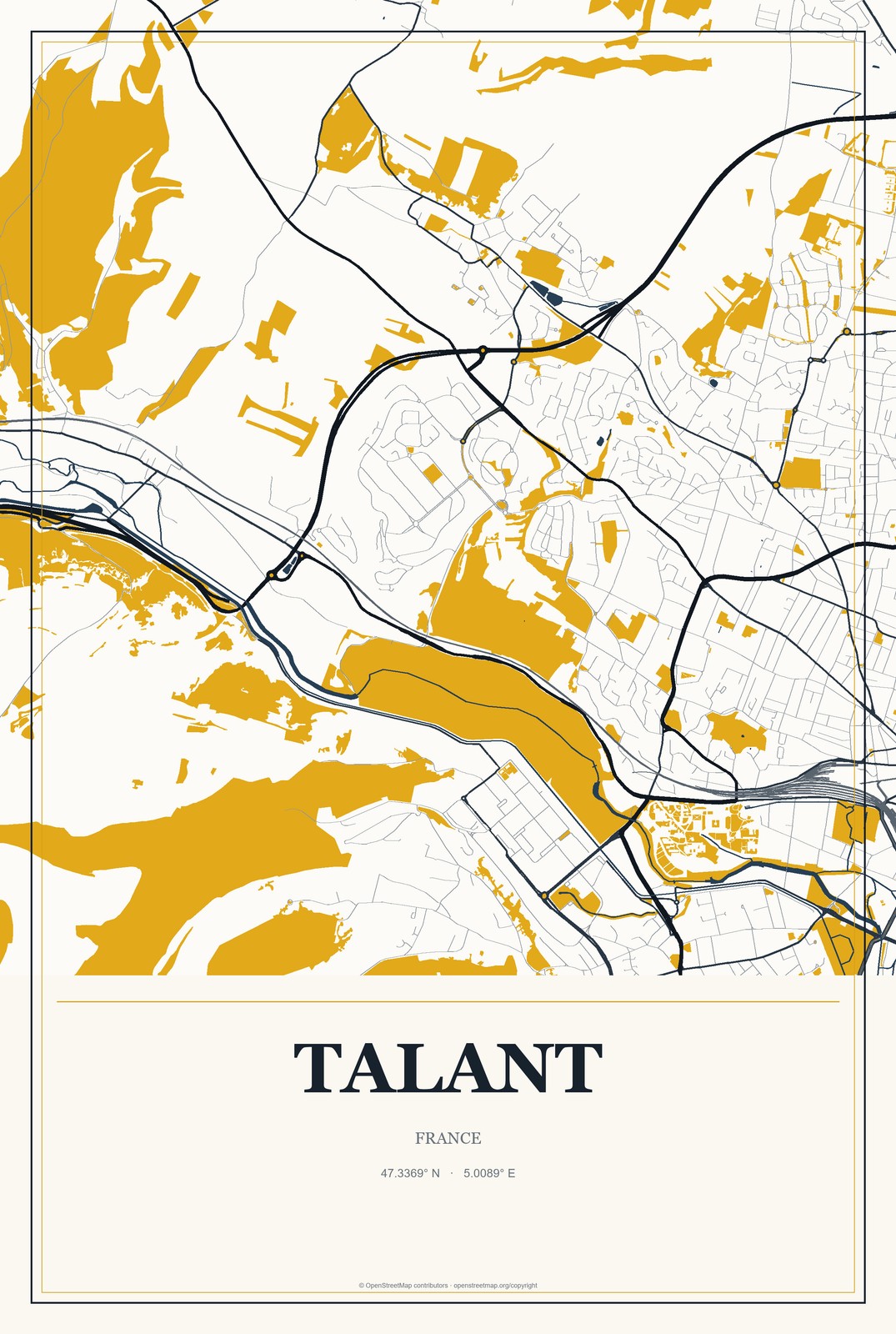 Talant, France City Map Aluminum Sign in Citrine Modern style
