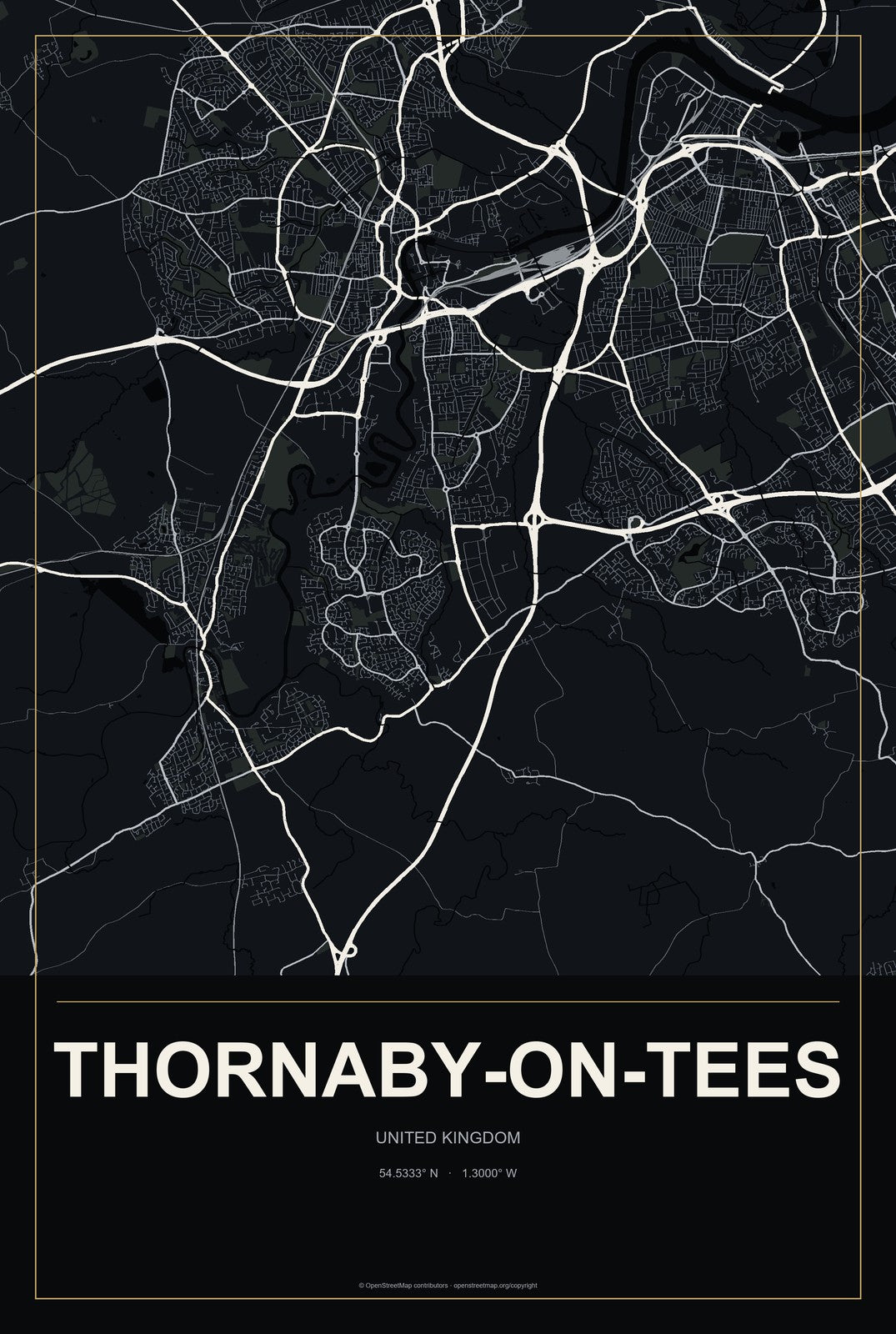 Thornaby-on-Tees, United Kingdom City Map Aluminum Sign in Metropolitan Noir style