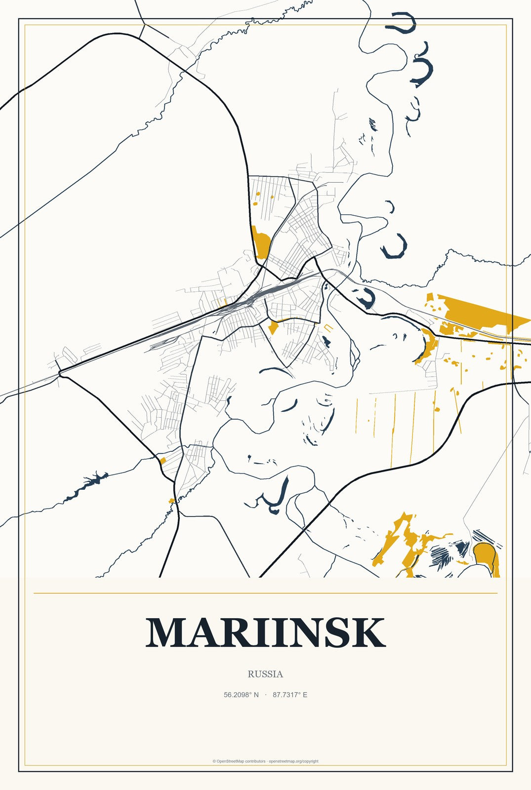 Mariinsk, Russia City Map Aluminum Sign in Citrine Modern style