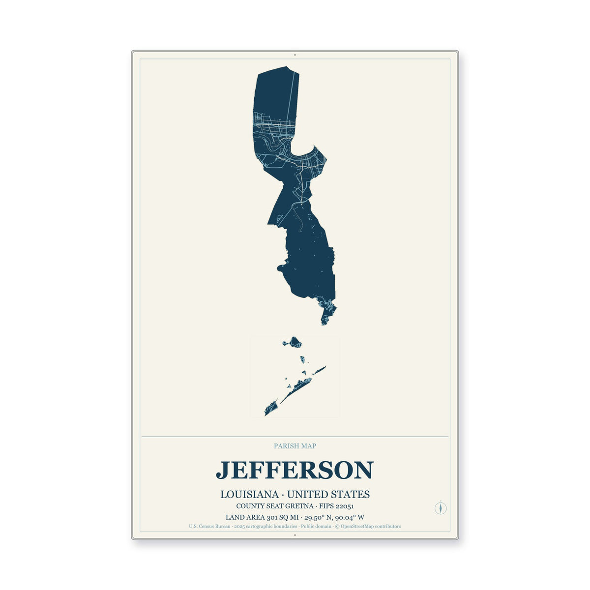Jefferson Parish, Louisiana Map Aluminum Sign in Coastal Cutout style