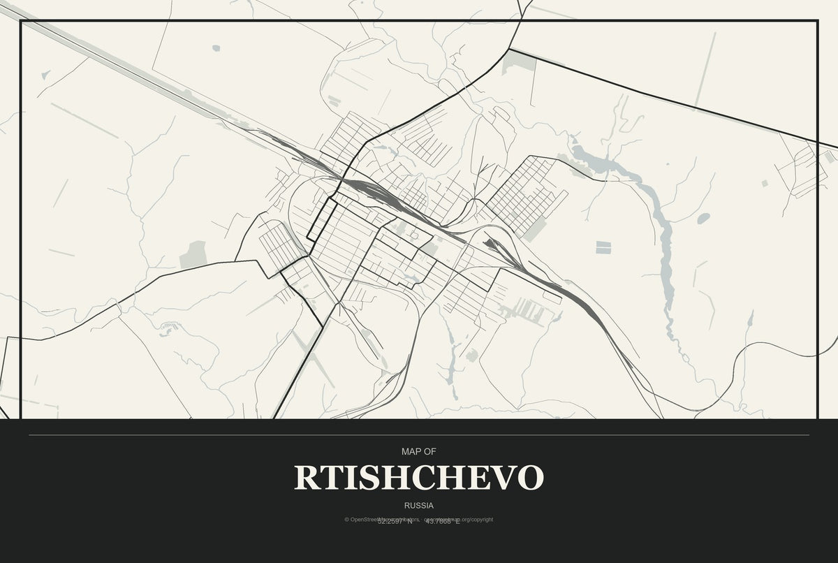 Rtishchevo, Russia City Map Aluminum Sign in Museum Plaque style