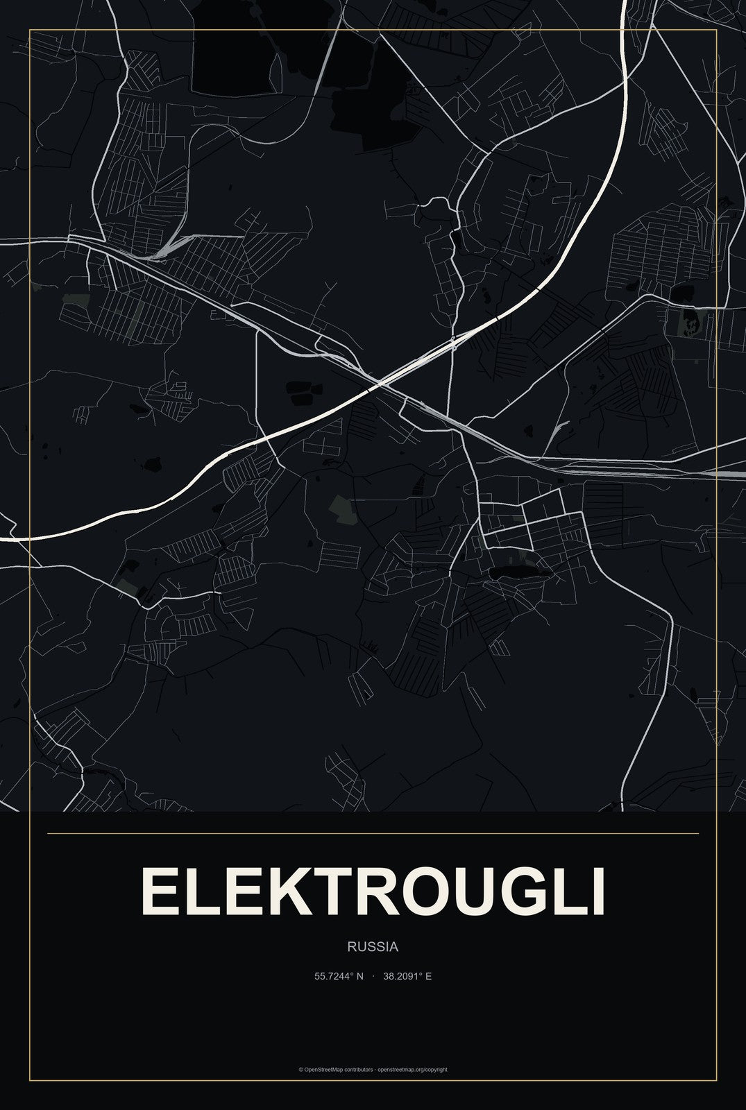 Elektrougli, Russia City Map Aluminum Sign in Metropolitan Noir style