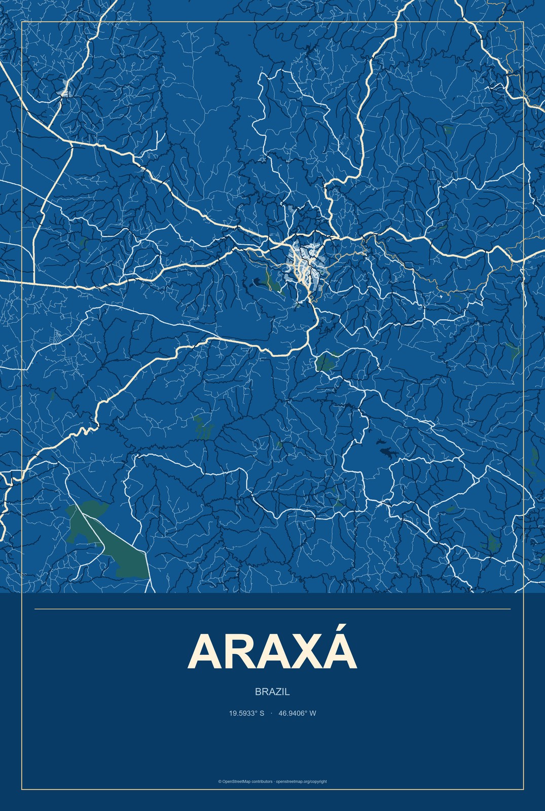 Araxá, Brazil City Map Aluminum Sign in Harbor Cobalt style