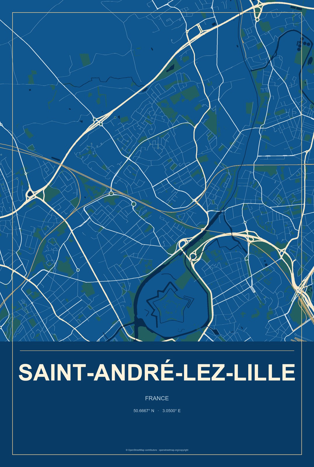 Saint-André-lez-Lille, France City Map Aluminum Sign in Harbor Cobalt style