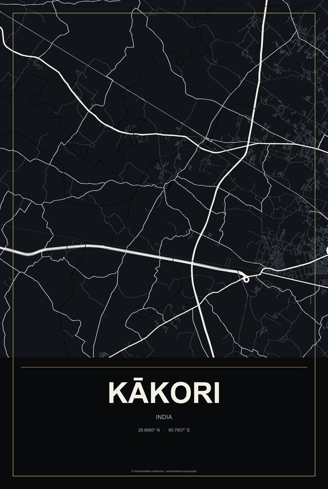 Kākori, India City Map Aluminum Sign in Metropolitan Noir style