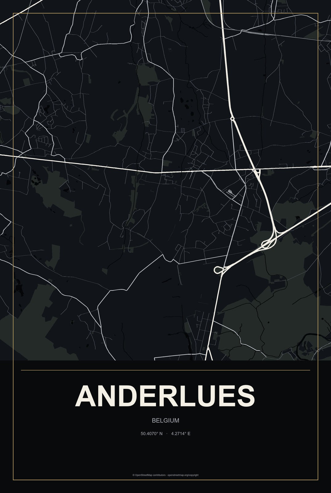 Anderlues, Belgium City Map Aluminum Sign in Metropolitan Noir style