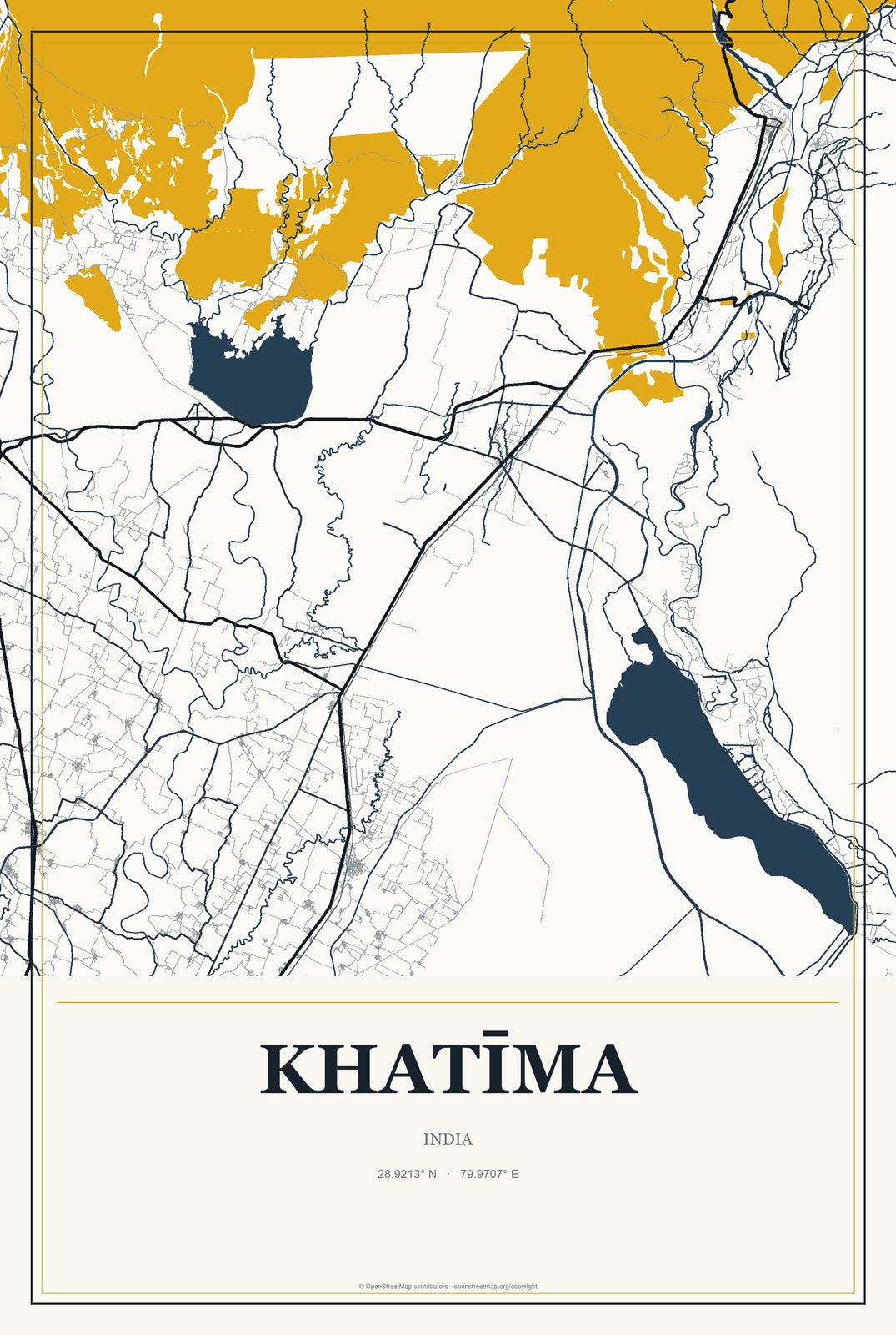 Khatīma, India City Map Aluminum Sign in Citrine Modern style