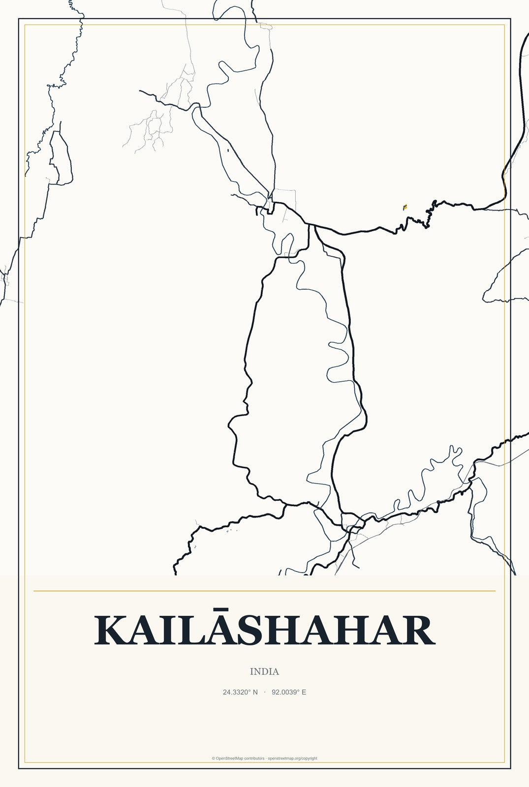 Kailāshahar, India City Map Aluminum Sign in Citrine Modern style