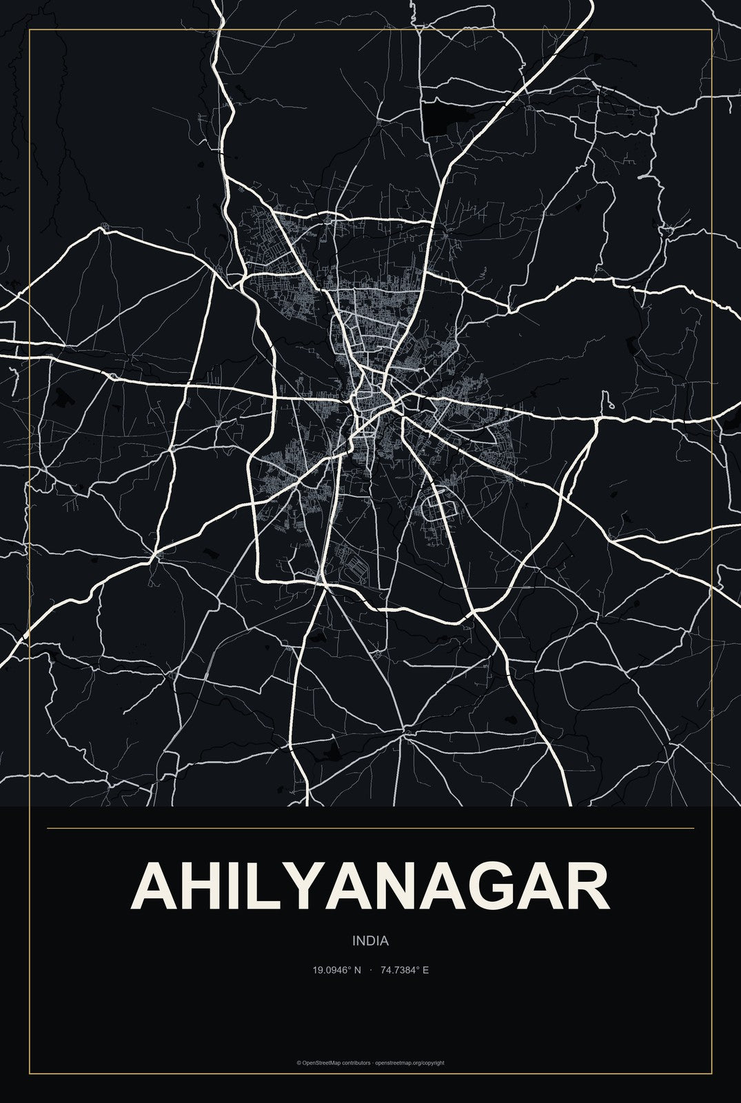Ahilyanagar, India City Map Aluminum Sign in Metropolitan Noir style