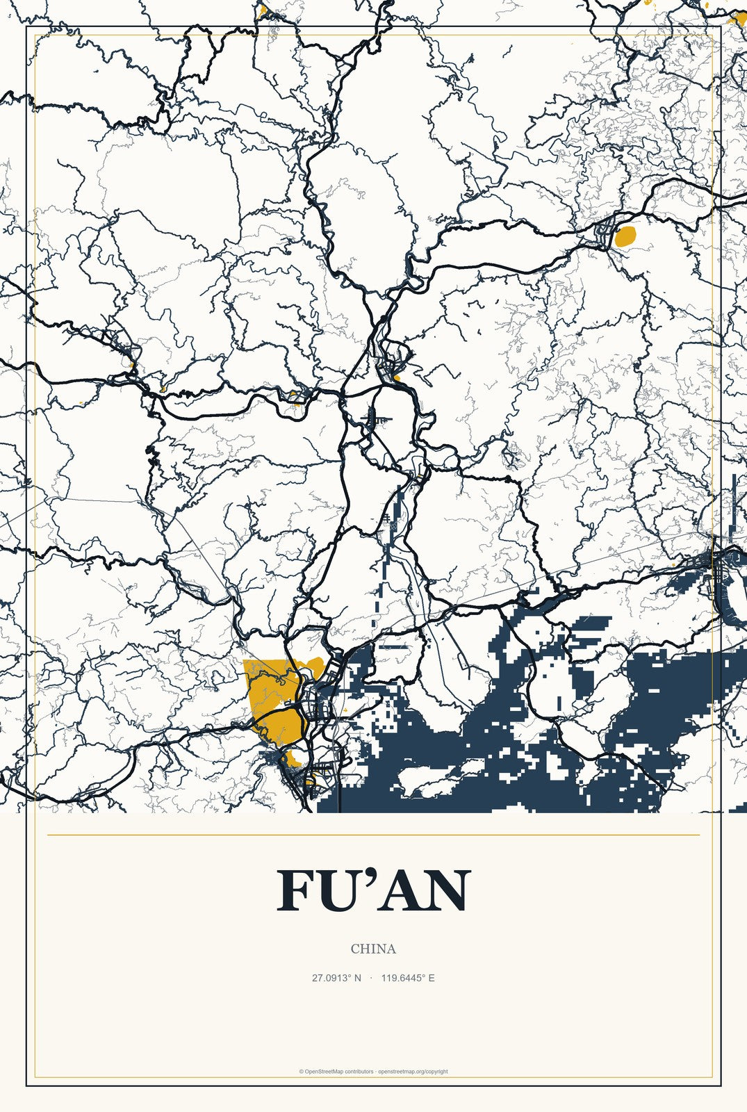 Fu’an, China City Map Aluminum Sign in Citrine Modern style