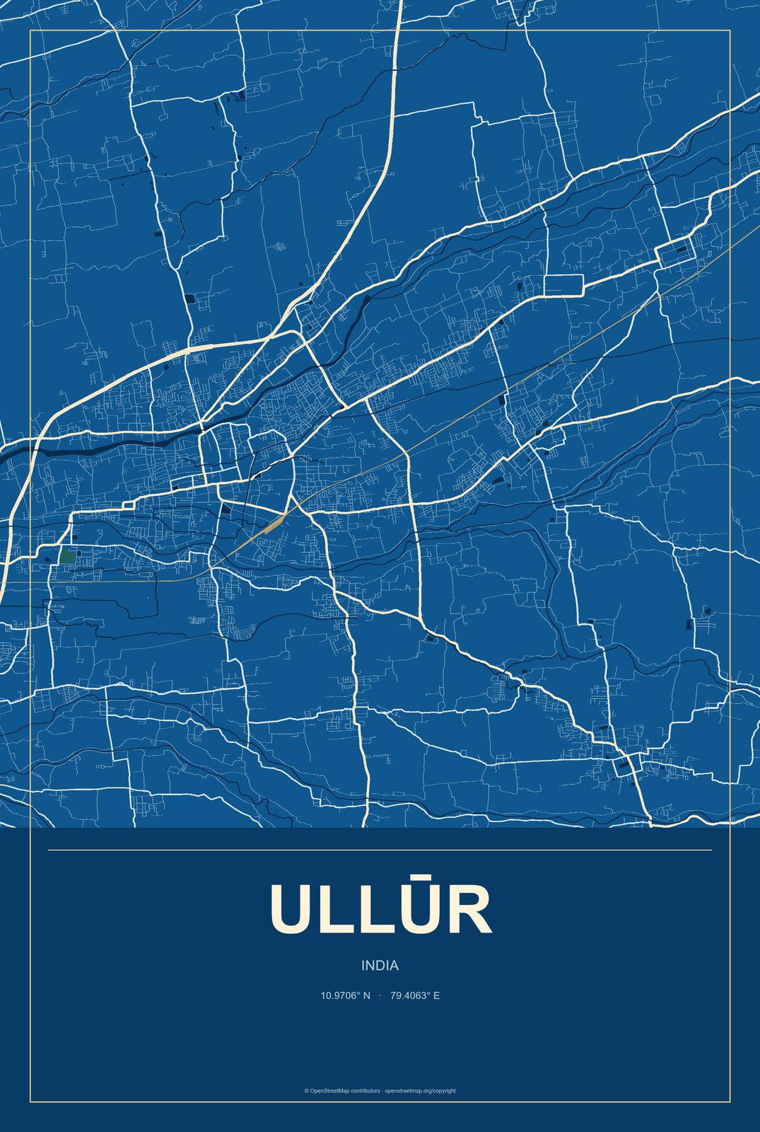 Ullūr, India City Map Aluminum Sign in Harbor Cobalt style