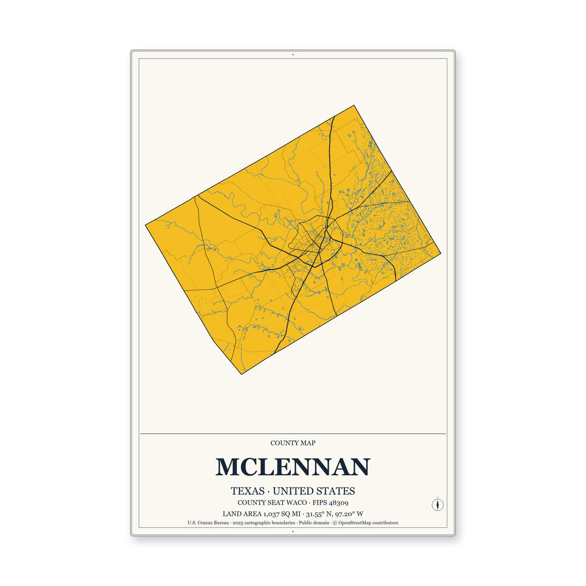 McLennan County, Texas Map Aluminum Sign in Citrine Modern style