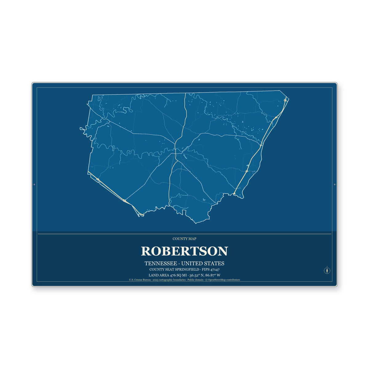 Robertson County, Tennessee Map Aluminum Sign in Harbor Cobalt style