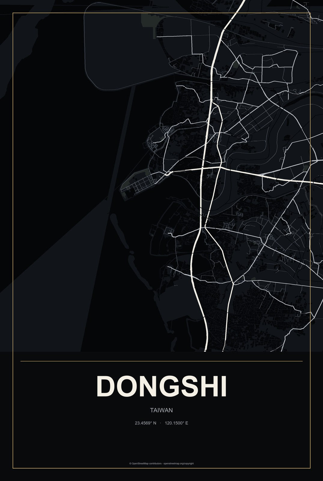 Dongshi, Taiwan City Map Aluminum Sign in Metropolitan Noir style