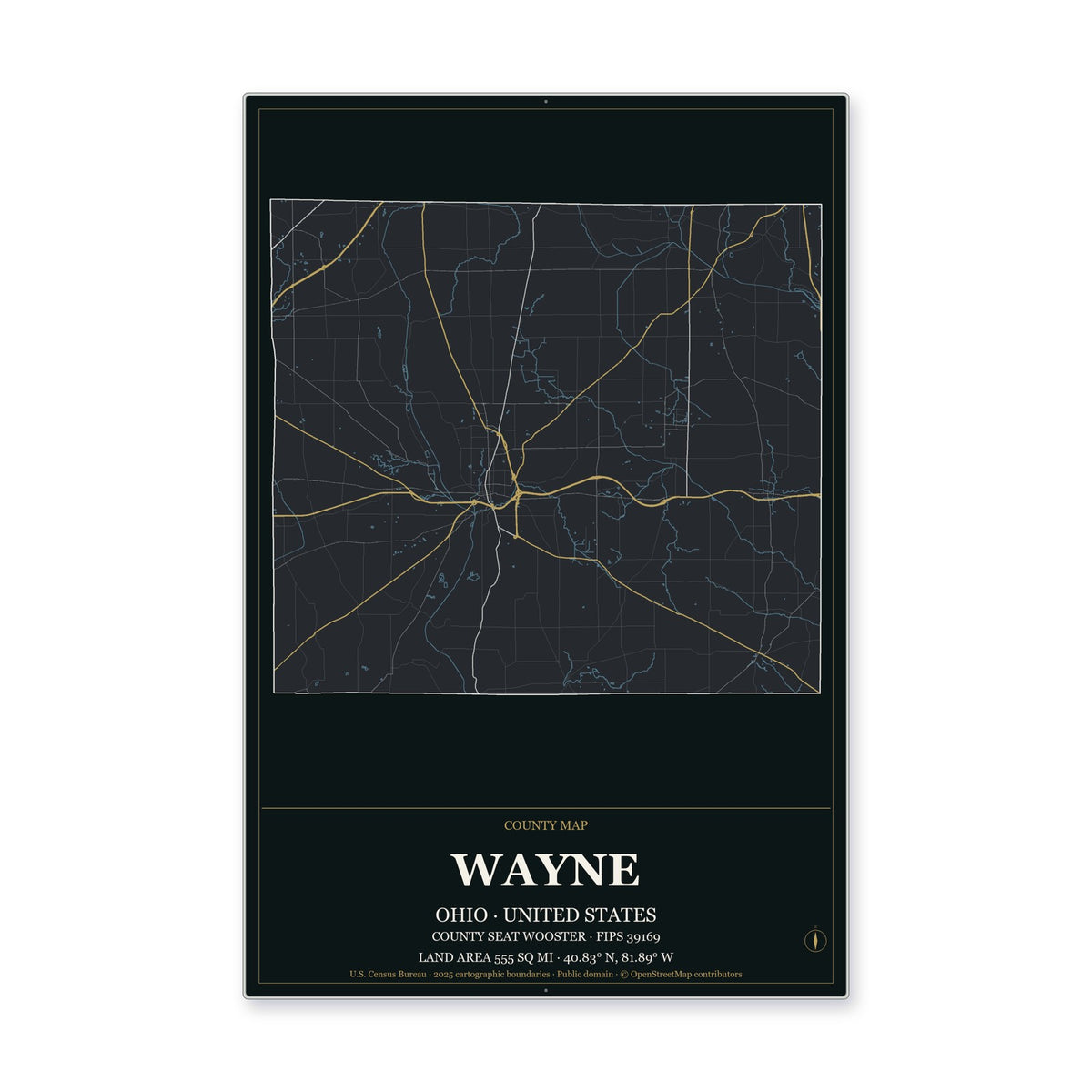 Wayne County, Ohio Map Aluminum Sign in Metropolitan Noir style