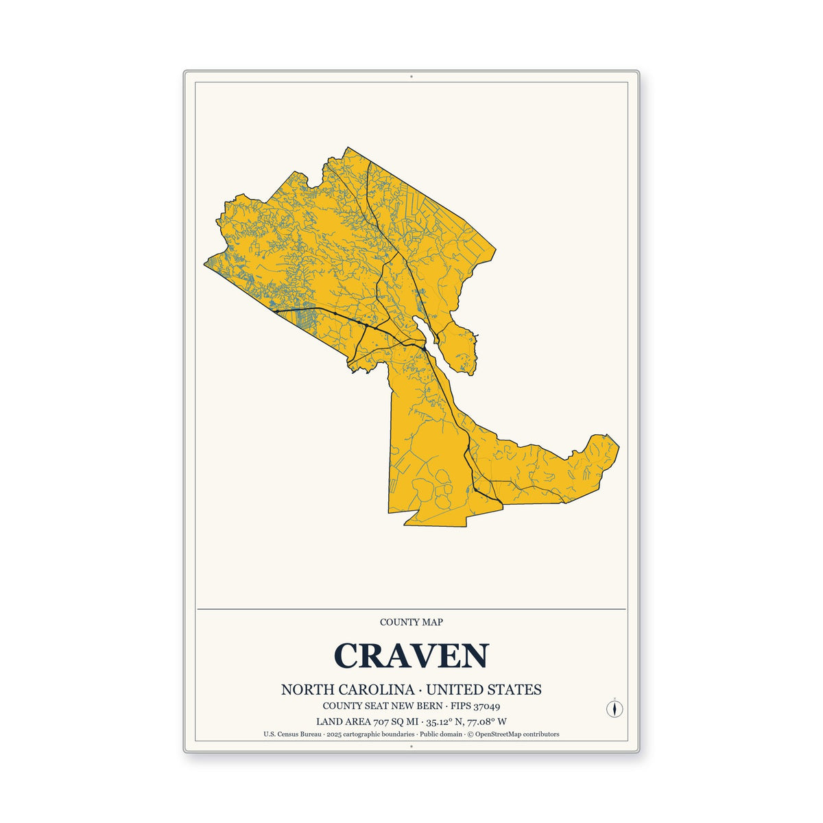 Craven County, North Carolina Map Aluminum Sign in Citrine Modern style