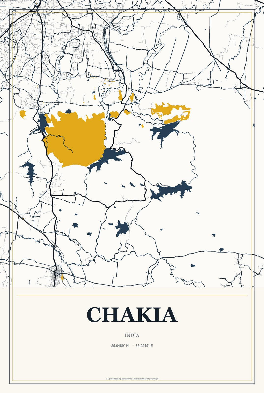 Chakia, India City Map Aluminum Sign in Citrine Modern style