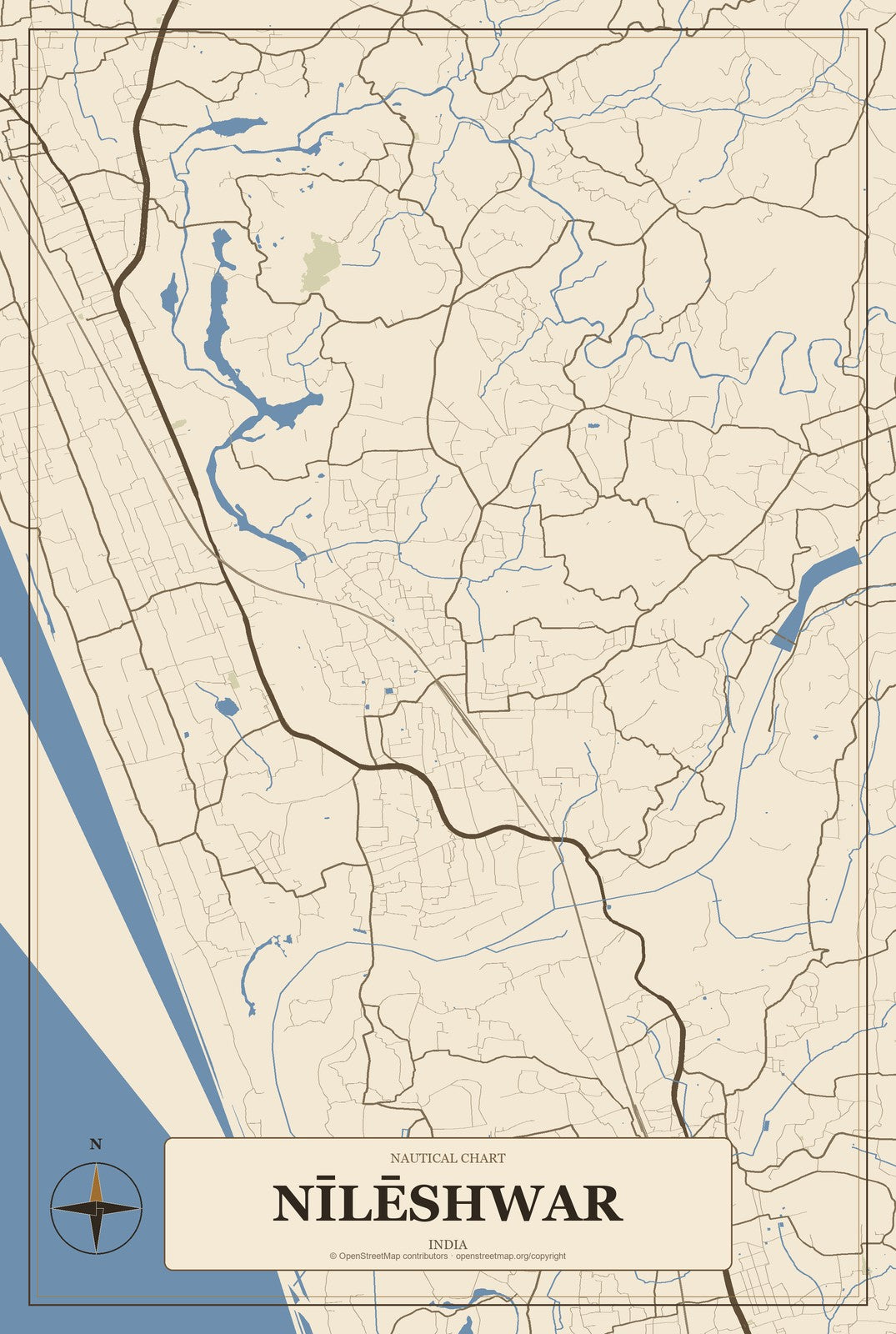 Nīlēshwar, India City Map Aluminum Sign in Heritage Nautical style