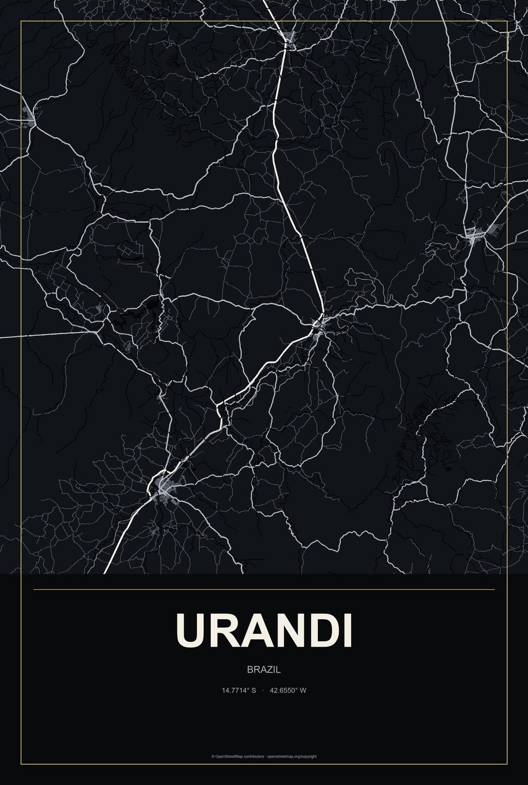 Urandi, Brazil City Map Aluminum Sign in Metropolitan Noir style