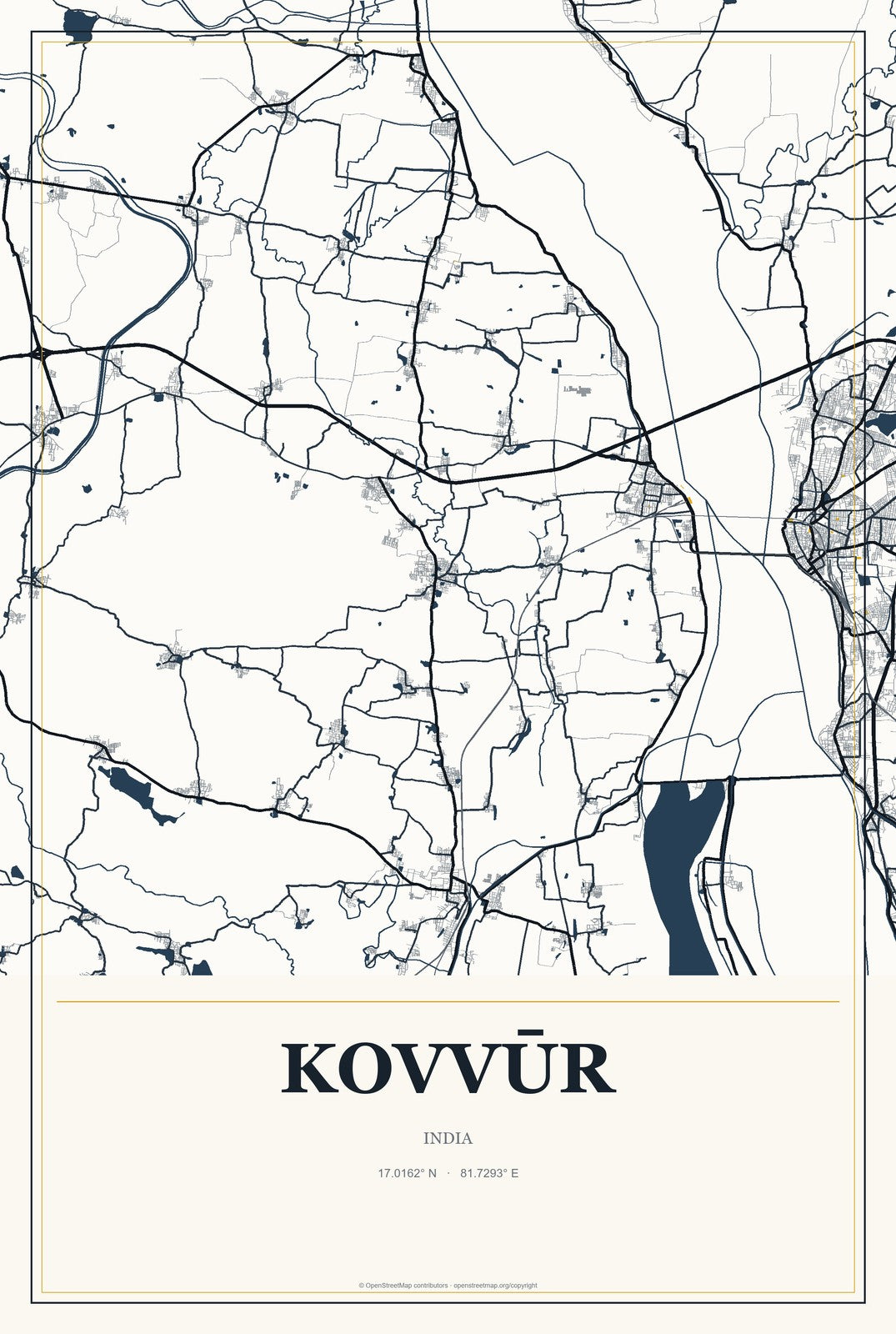 Kovvūr, India City Map Aluminum Sign in Citrine Modern style