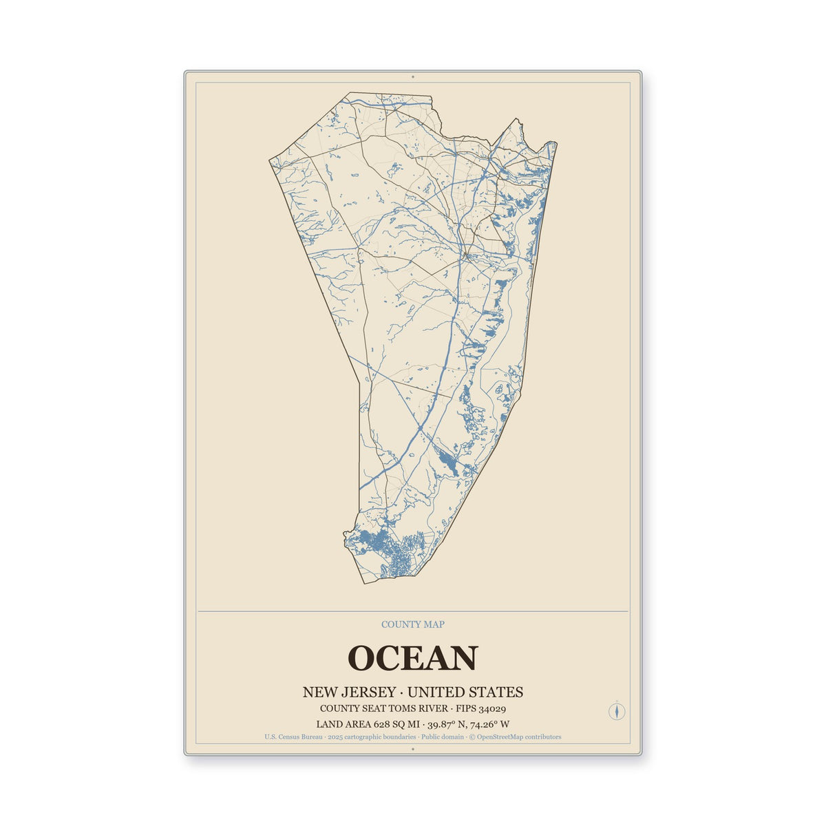 Ocean County, New Jersey Map Aluminum Sign in Heritage Nautical style