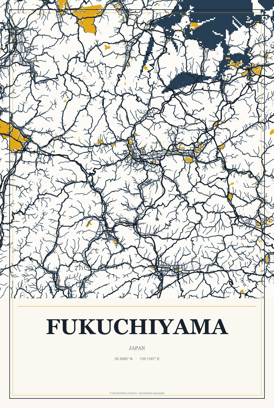 Fukuchiyama, Japan City Map Aluminum Sign in Citrine Modern style
