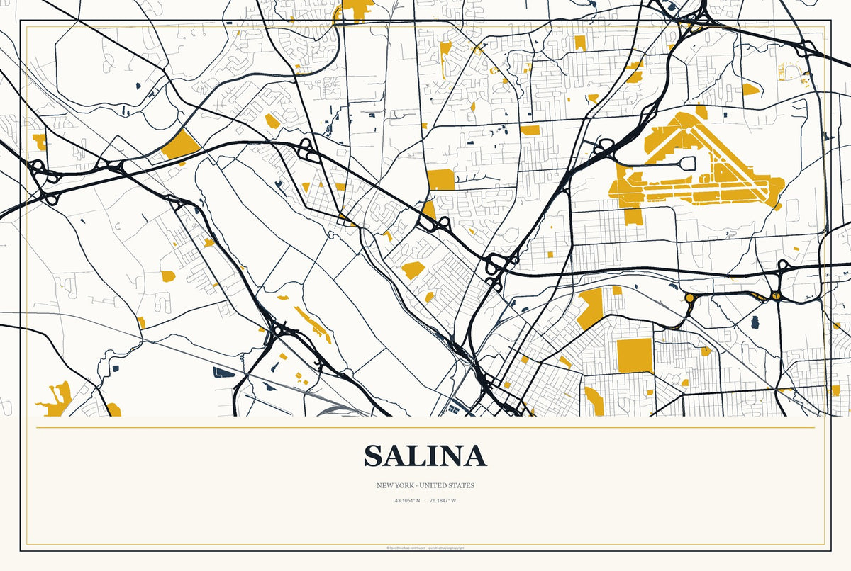 Salina, New York City Map Aluminum Sign in Citrine Modern style