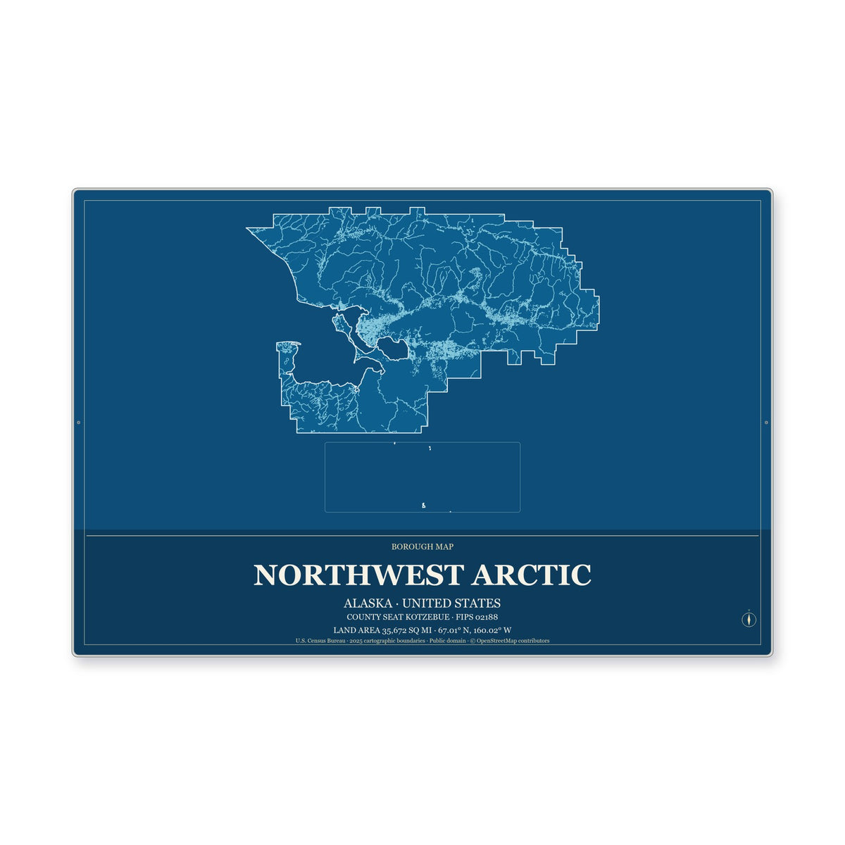 Northwest Arctic Borough, Alaska Map Aluminum Sign in Harbor Cobalt style