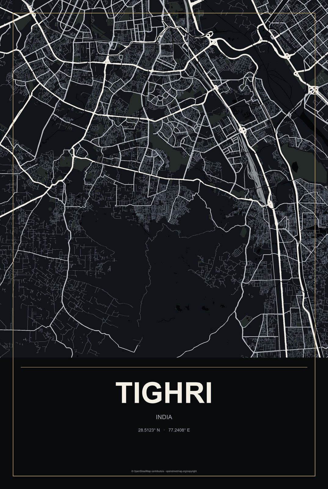 Tighri, India City Map Aluminum Sign in Metropolitan Noir style