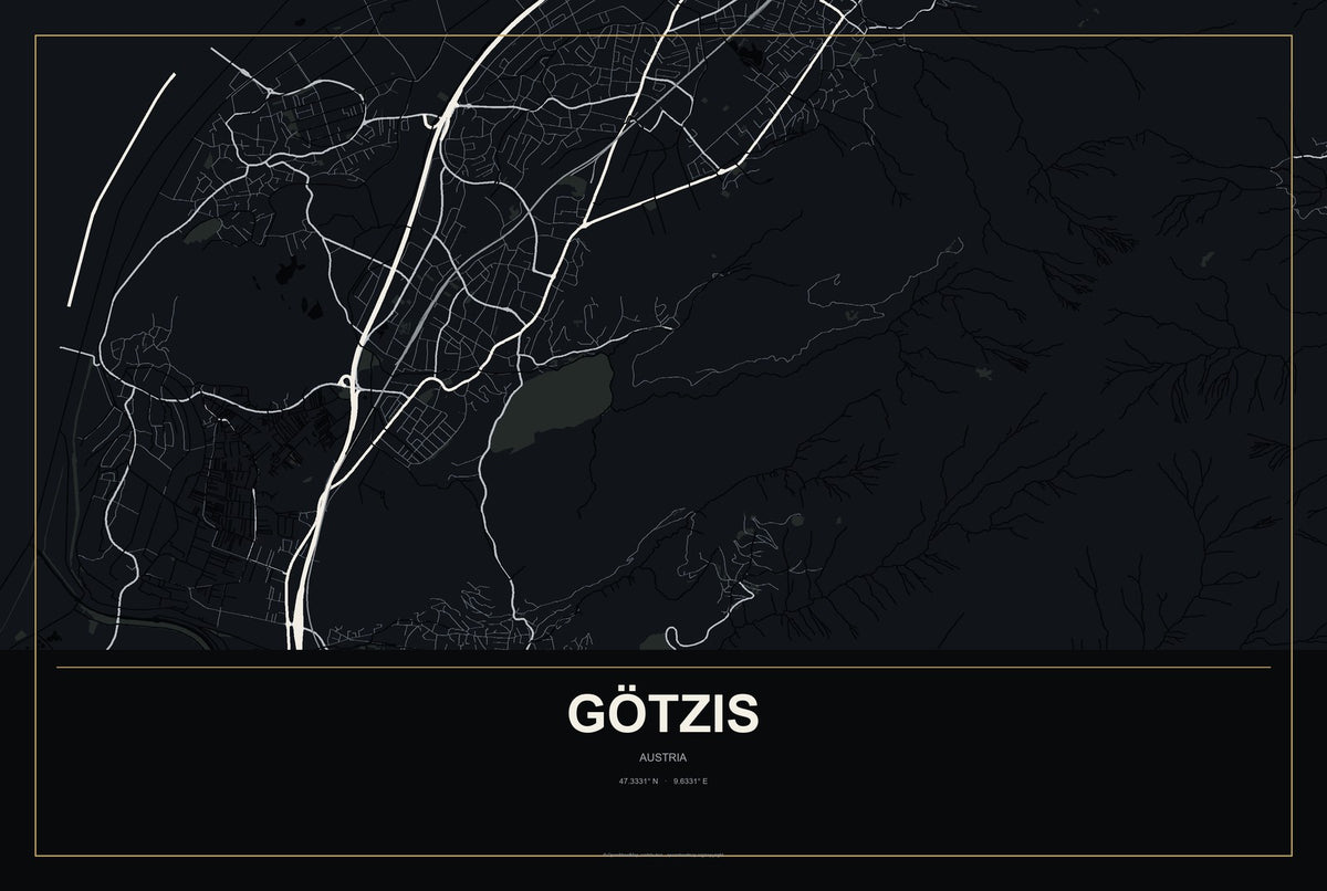 Götzis, Austria City Map Aluminum Sign in Metropolitan Noir style