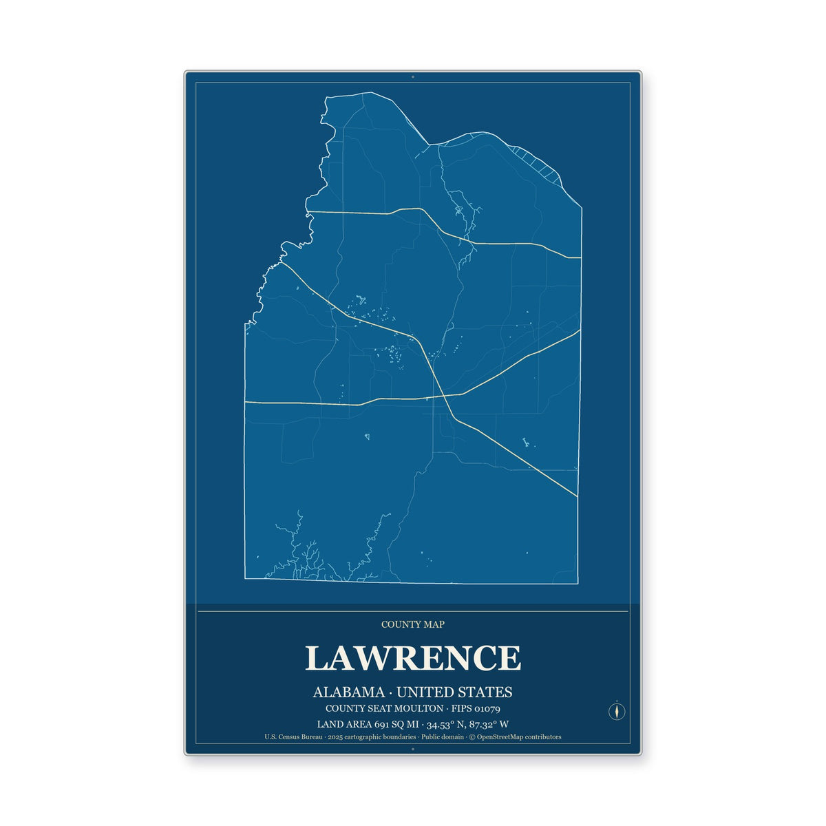 Lawrence County, Alabama Map Aluminum Sign in Harbor Cobalt style