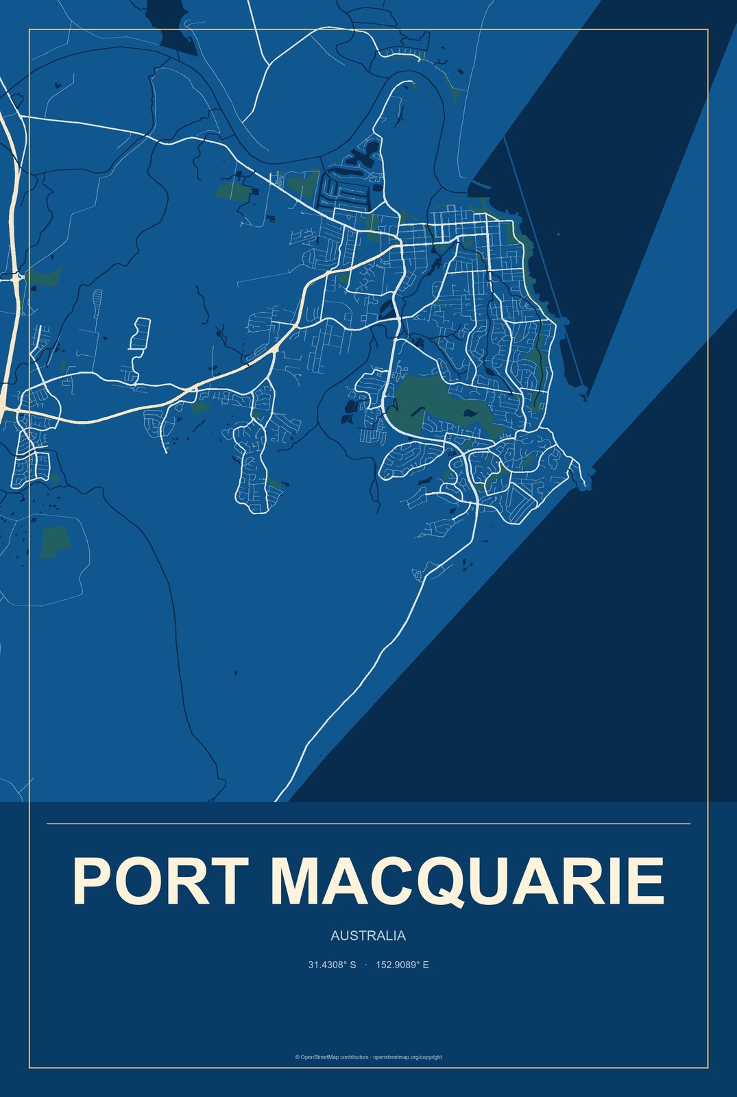 Port Macquarie, Australia City Map Aluminum Sign in Harbor Cobalt style