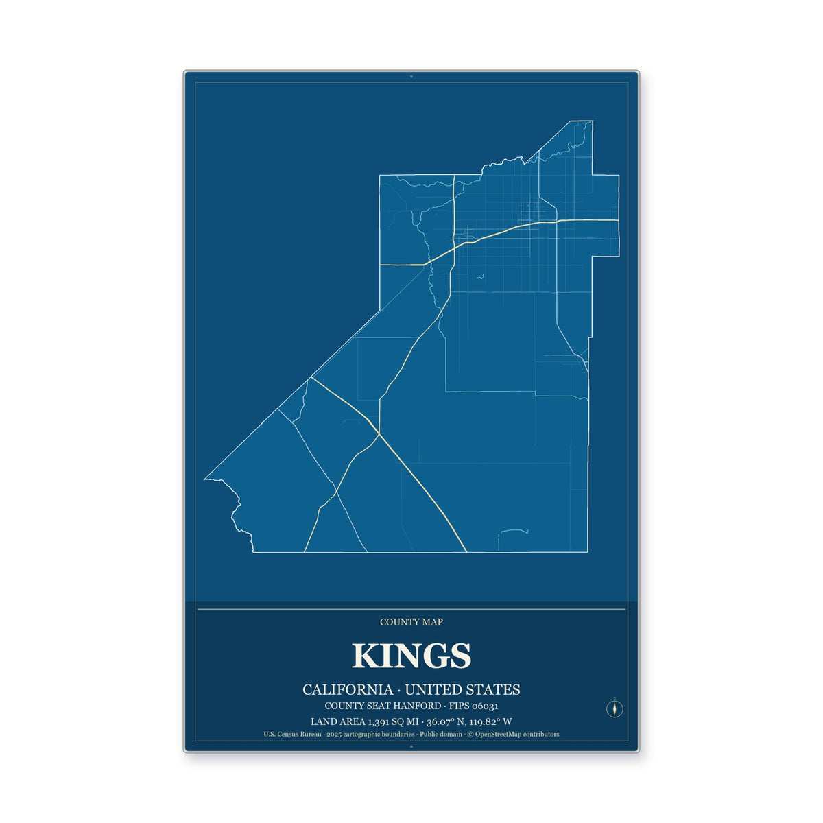 Kings County, California Map Aluminum Sign in Harbor Cobalt style