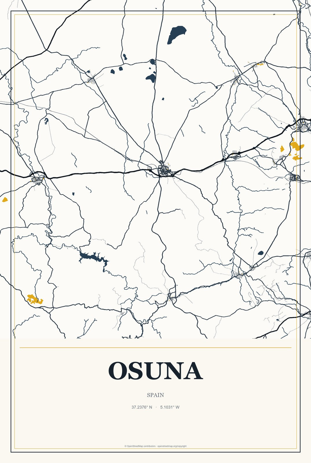 Osuna, Spain City Map Aluminum Sign in Citrine Modern style