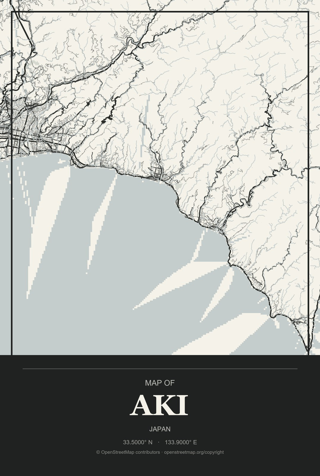 Aki, Japan City Map Aluminum Sign in Museum Plaque style